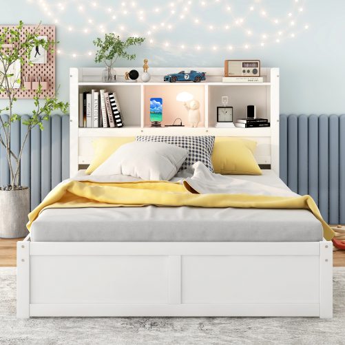 Full Size Storage Platform Bed With Pull Out Shelves, Twin Size Trundle And 2 Drawers