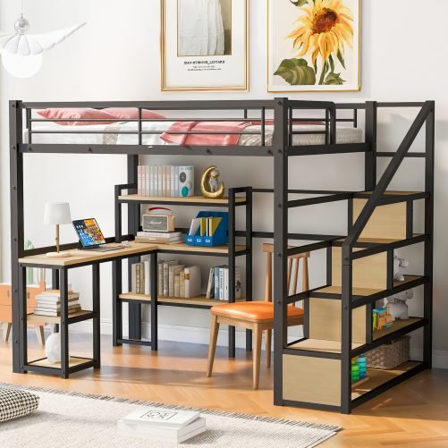 Full Size Metal Loft Bed With Staircase, Built-in Desk And Shelves