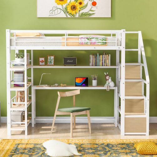 Twin Size Metal Loft Bed With Staircase, Built-in Storage Shelves
