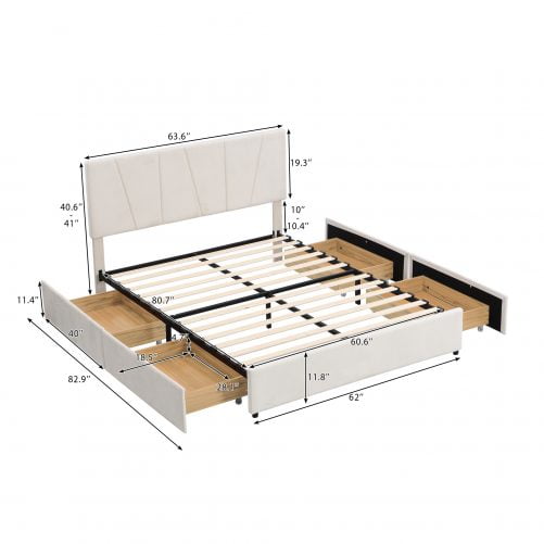 Queen Size Upholstery Platform Bed with Four Drawers on Two Sides, Adjustable Headboard