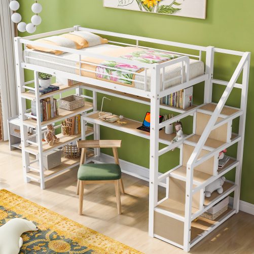 Twin Size Metal Loft Bed With Staircase, Built-in Storage Shelves