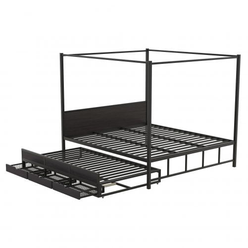 Queen Size Metal Canopy Platform Bed With Twin Size Trundle And 3 Storage Drawers
