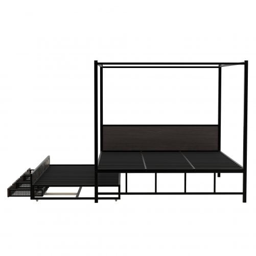 Queen Size Metal Canopy Platform Bed With Twin Size Trundle And 3 Storage Drawers
