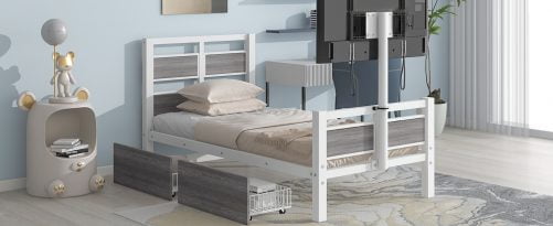 Twin Size Metal Platform Bed With MDF Headboard And Footboard