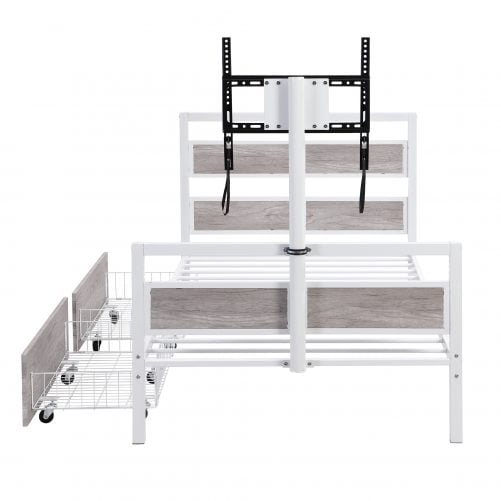 Twin Size Metal Platform Bed With MDF Headboard And Footboard