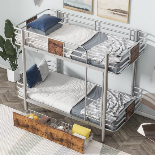 Twin Xl Over Twin Xl Metal Bunk Bed With MDF Board Guardrail And Two Storage Drawers