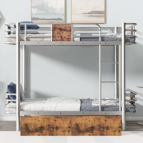 Twin Xl Over Twin Xl Metal Bunk Bed With MDF Board Guardrail And Two Storage Drawers