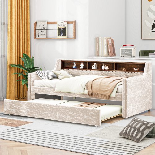 Twin Size Snowflake Velvet Daybed With Trundle And Built-in Storage Shelves