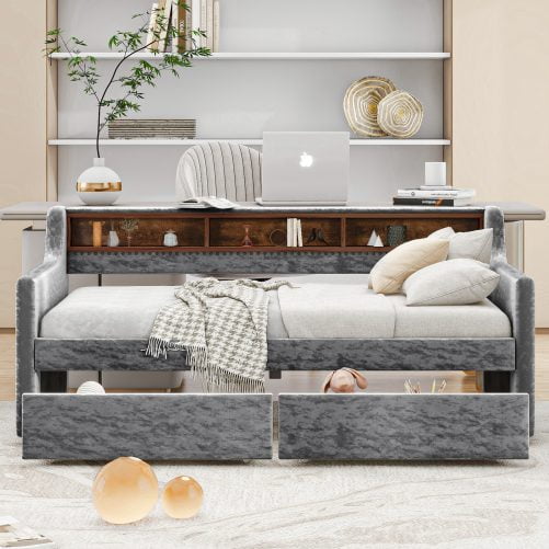 Twin Size Snowflake Velvet Daybed with Two Storage Drawers and Built-in Storage Shelves