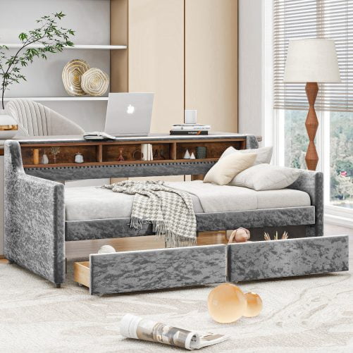 Twin Size Snowflake Velvet Daybed with Two Storage Drawers and Built-in Storage Shelves