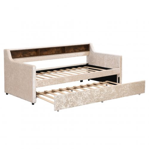 Twin Size Snowflake Velvet Daybed With Trundle And Built-in Storage Shelves