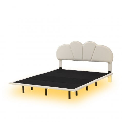 Queen Size Upholstery Platform Bed with PU Leather Headboard and Support Legs,Underbed LED Light