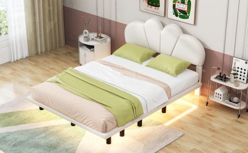 Queen Size Upholstery Platform Bed with PU Leather Headboard and Support Legs,Underbed LED Light