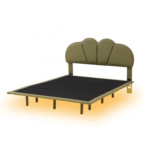 Full Size Upholstery Platform Bed with PU Leather Headboard and Support Legs,Underbed LED Light