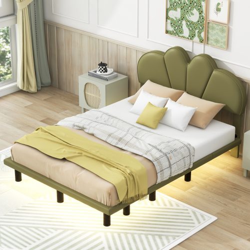 Full Size Upholstery Platform Bed with PU Leather Headboard and Support Legs,Underbed LED Light