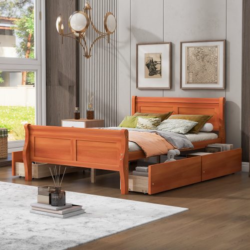 Full Size Wood Platform Bed with 4 Drawers and Streamlined Headboard & Footboard