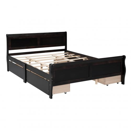 Queen Size Wood Platform Bed With 4 Drawers And Streamlined Headboard & Footboard