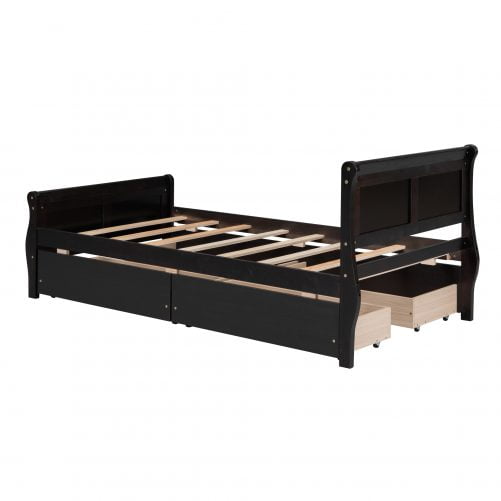 Twin Size Wood Platform Bed with 4 Drawers and Streamlined Headboard & Footboard