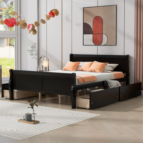 Queen Size Wood Platform Bed With 4 Drawers And Streamlined Headboard & Footboard