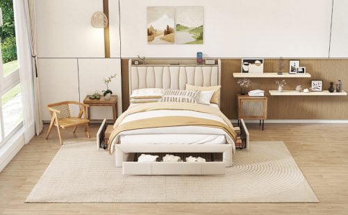 Queen Size Bed Frame With Storage Headboard And Charging Station