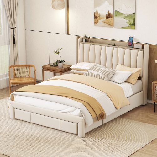 Queen Size Bed Frame With Storage Headboard And Charging Station
