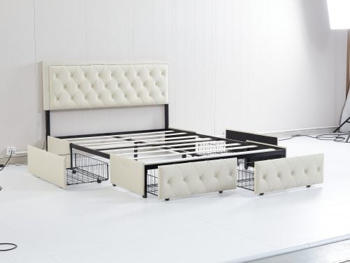 Queen Upholstered Bed Frame with 4 Storage Drawers