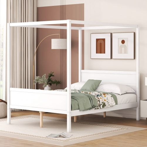 Queen Size Canopy Platform Bed with Headboard and Footboard,Slat Support Leg