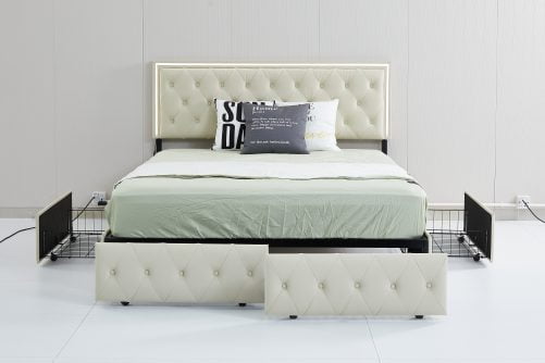 Queen Upholstered Bed Frame with 4 Storage Drawers