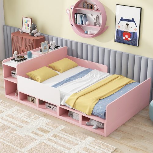 Wood Full Size Platform Bed with Storage Headboard, Guardrails and 4 Underneath Cabinets