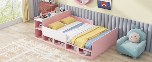 Wood Full Size Platform Bed with Storage Headboard, Guardrails and 4 Underneath Cabinets