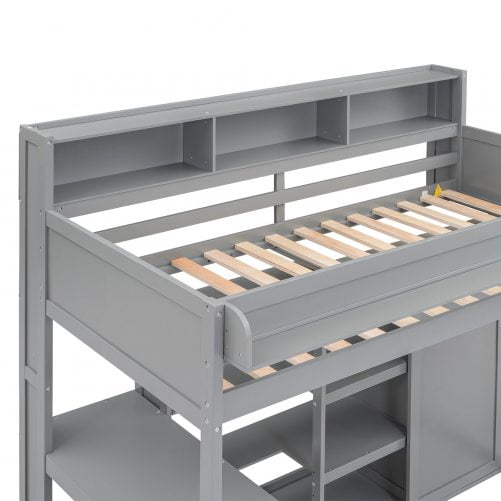 Wood Twin Size Loft Bed With Multiple Storage Shelves And Wardrobe