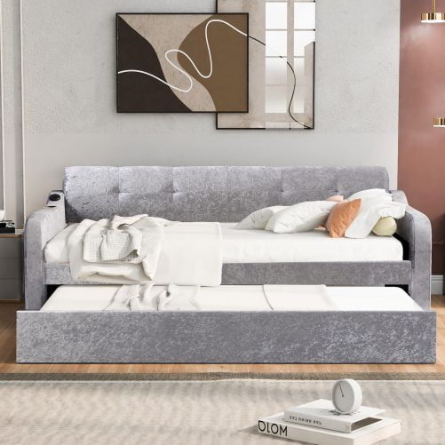 Twin Size Snowflake Velvet Daybed with Trundle and USB Charging Design