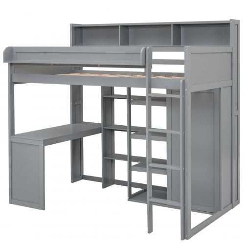 Wood Twin Size Loft Bed With Multiple Storage Shelves And Wardrobe