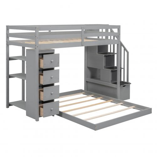 Twin Over Full Bunk Bed With 3-layer Shelves, Drawers And Storage Stairs
