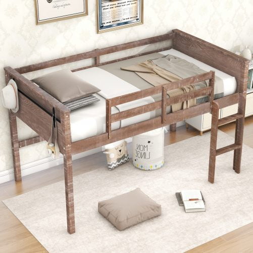 Wood Twin Size Loft Bed With Hanging Clothes Racks