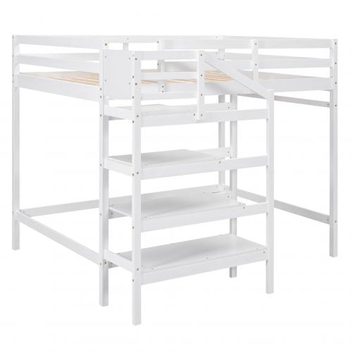 Full Size Loft Bed With Built-in Storage Staircase And Hanger