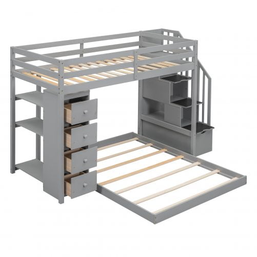 Twin Over Full Bunk Bed With 3-layer Shelves, Drawers And Storage Stairs