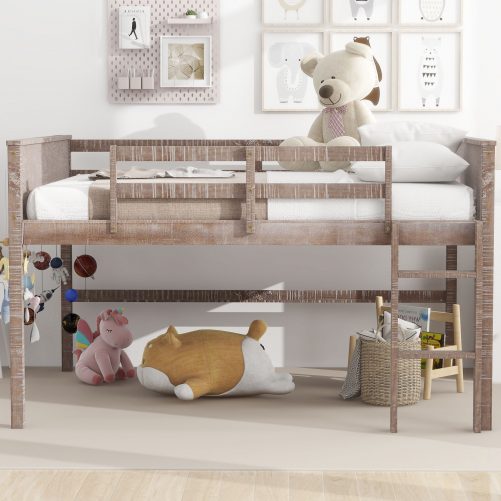 Wood Full Size Loft Bed with Hanging Clothes Racks