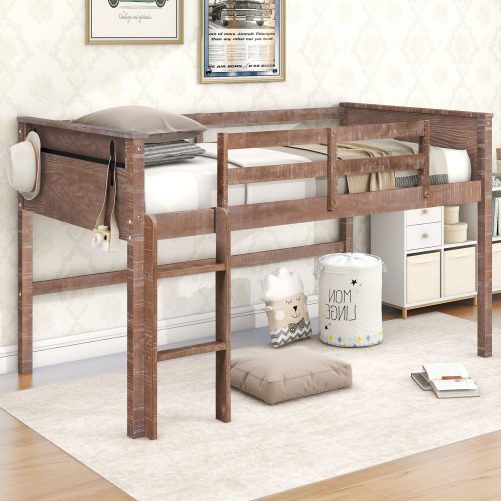 Wood Twin Size Loft Bed With Hanging Clothes Racks