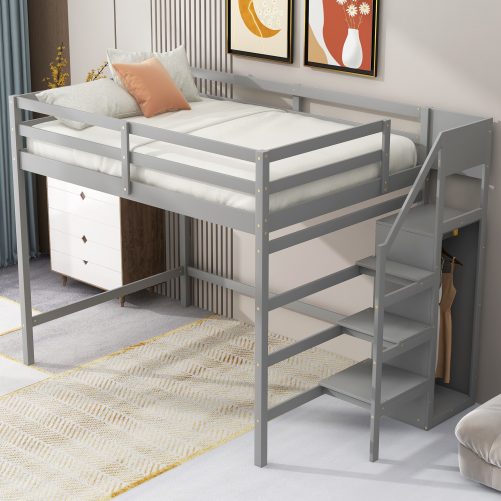 Full Size Loft Bed With Built-in Storage Wardrobe & Staircase