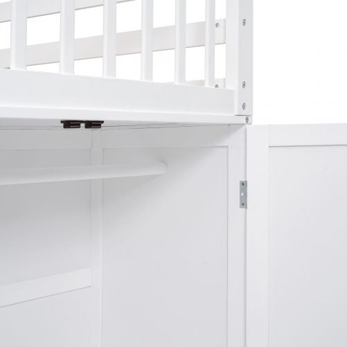 Twin-Twin over Full L-Shaped Bunk Bed With 3 Drawers, Portable Desk and Wardrobe