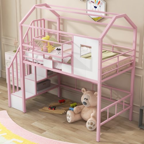 Twin Size Metal Loft Bed With Roof Design And A Storage Box