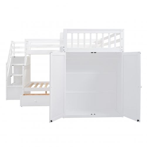 Twin-Twin over Full L-Shaped Bunk Bed With 3 Drawers, Portable Desk and Wardrobe