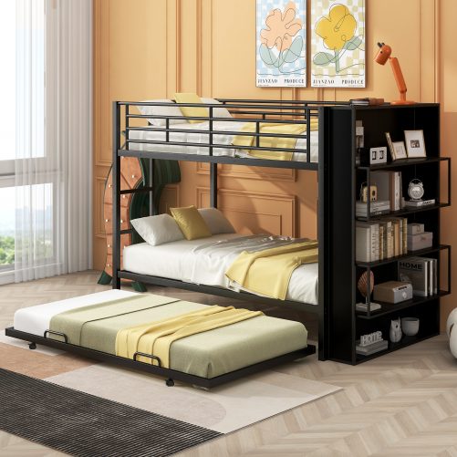 Twin Size Metal Bunk Bed With Big Bookshelf