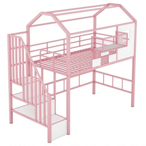 Twin Size Metal Loft Bed With Roof Design And A Storage Box