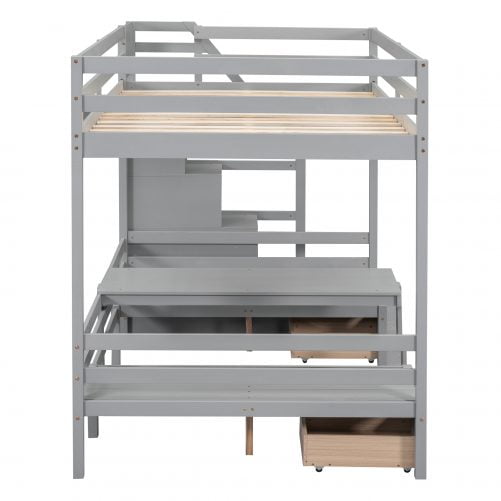 Full Over Full Size Bunk Bed With Staircase, Down Bed Can Be Convertible To Seats And Table Set