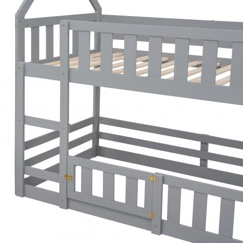 Twin over Twin House Bunk Bed with Fence and Door