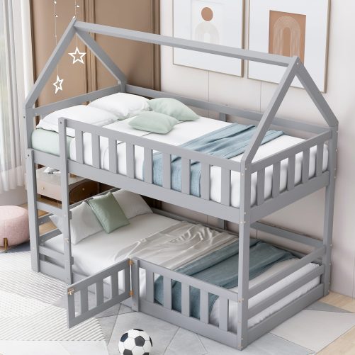Twin over Twin House Bunk Bed with Fence and Door