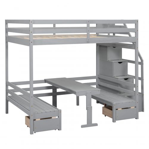 Full Over Full Size Bunk Bed With Staircase, Down Bed Can Be Convertible To Seats And Table Set