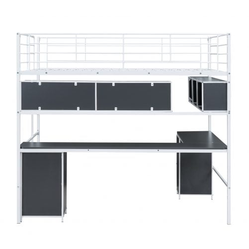 Metal Full Size Loft Bed With Bookcase, Desk And Cabinet
